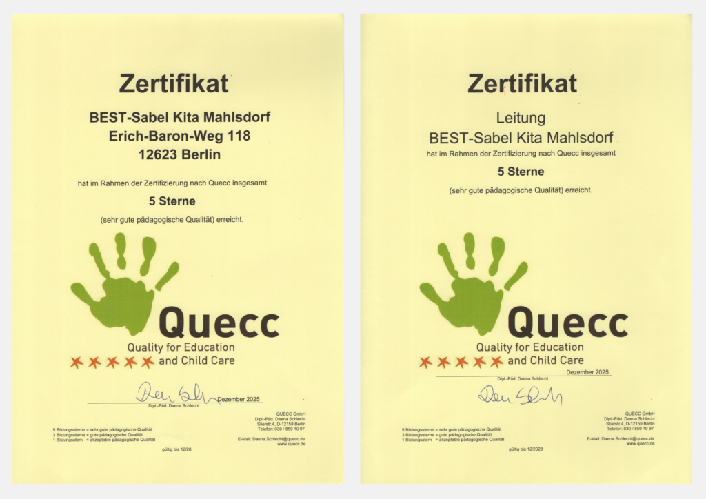 Quality for Education an Child Care ‒ BEST-Sabel Kita Mahlsdorf durch Quecc zertifiziert